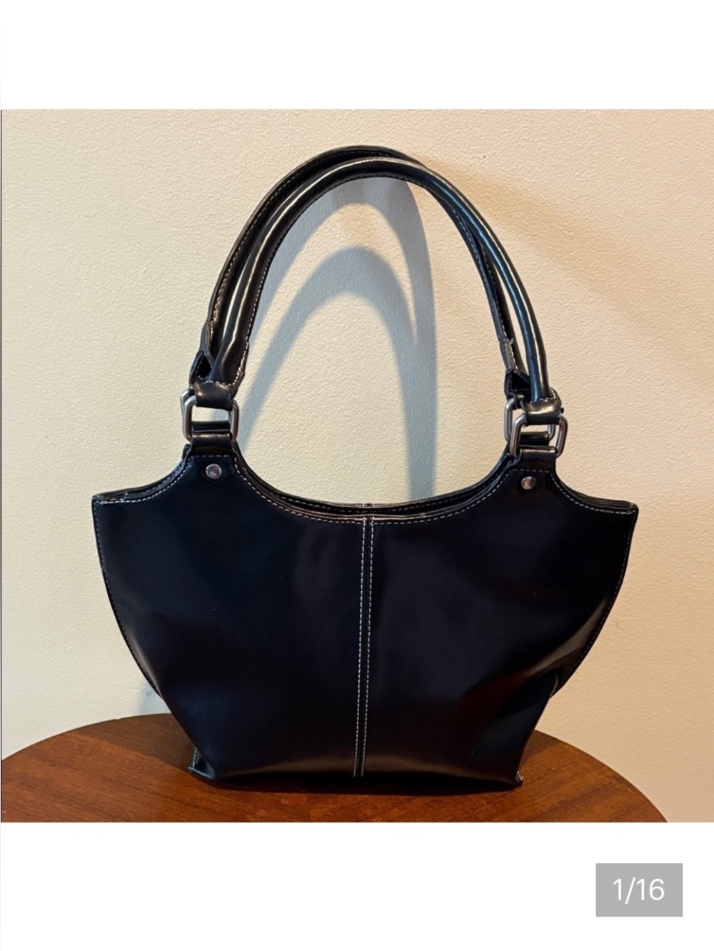 Wilsons Leather  black leather satchel/ white stitching  Vintage unique shape EC